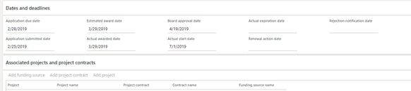 Screenshot of Dynamics 365 Grant dates and deadlines and projects and contracts