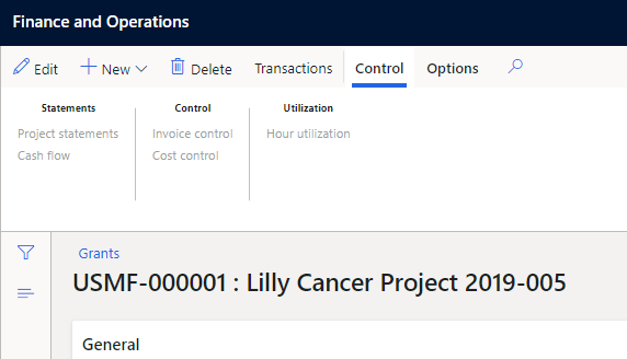 Screenshot of Dynamics 365 grant finance and operations