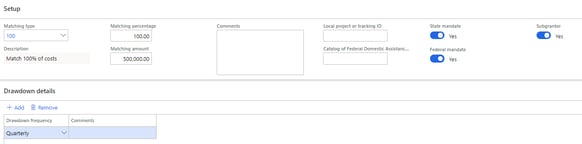 Screenshot of setup for a master grant or subgrant