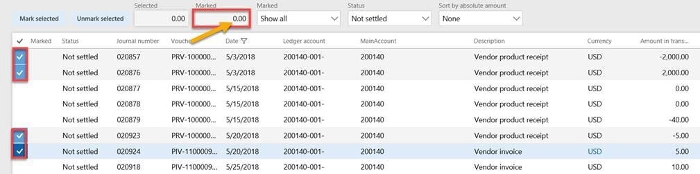 Screenshot of Dynamics 365 for Finance & Operations ledger settlements marked transaction