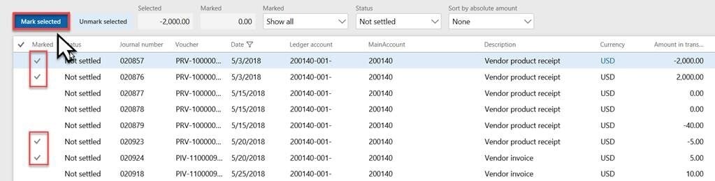 Screenshot of Dynamics 365 for Finance & Operations ledger settlements mark selected