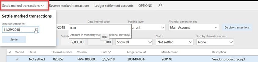 Screenshot of Dynamics 365 for Finance & Operations ledger settlements Settled status