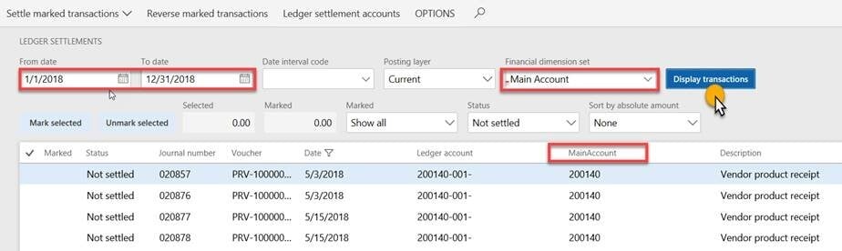 Screenshot of Dynamics 365 for Finance & Operations ledger settlements display transaction