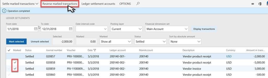 Screenshot of Dynamics 365 for Finance & Operations ledger settlements reverse marked transactions tab
