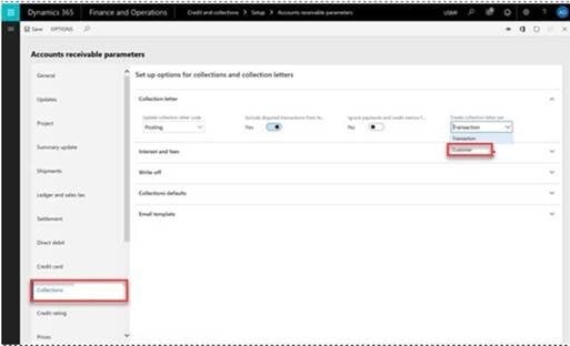 Screenshot of Dynamics 365 Finance and Operations AR parameters window
