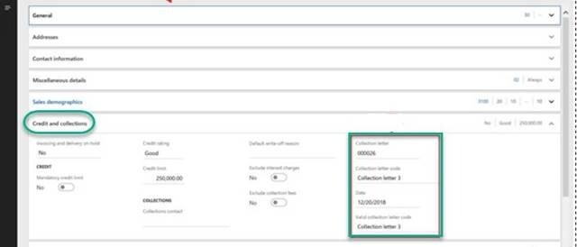 Screenshot of Dynamics 365 Finance and Operations Credit and Collections Fast Tab