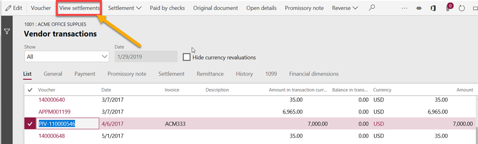 Screenshot of Vendor Transactions in Dynamics 365 Finance and Operations
