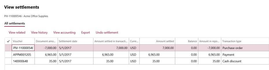Screenshot of all settlements in Dynamics 365 Finance and Operations