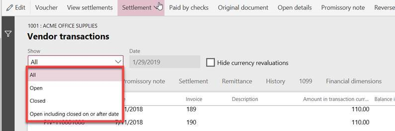 Screenshot of Vendor Transactions filters in Dynamics 365 Finance and Operations