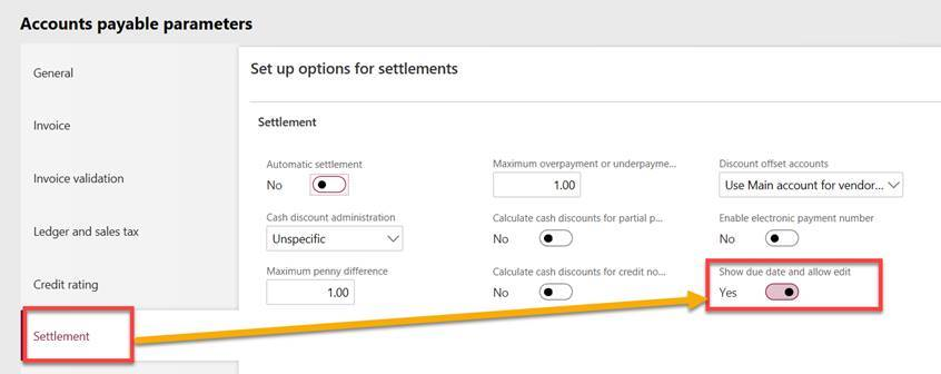 Screenshot of accounts payable parameters in Dynamics 365 Finance and Operations
