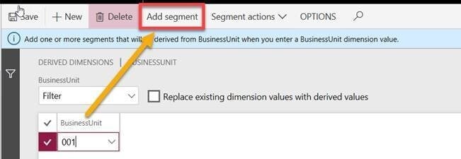 Screenshot of Dynamics 365 Finance and Operations Dimensions Add Segment Tab