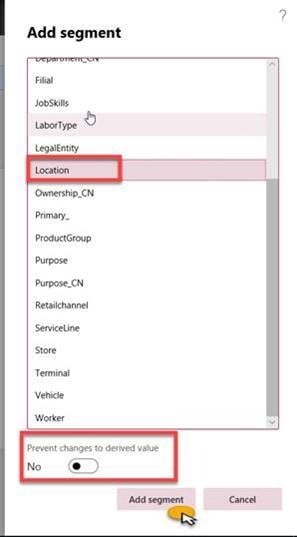 Screenshot of Dynamics 365 Finance and Operations Add Segment Options