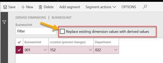 Screenshot of Dynamics 365 Finance and Operations Derived Dimensions Override Button