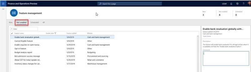 Screenshot of Dynamics 365 Finance and Operations Feature Management "not enabled" tab