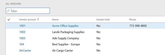 Screenshot of Dynamics 365 All Vendors 