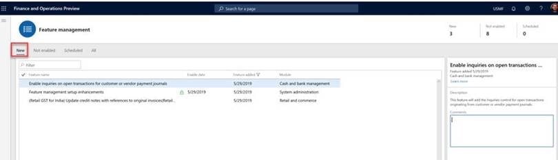 Screenshot of Dynamics 365 Finance and Operations Feature Management "new" tab