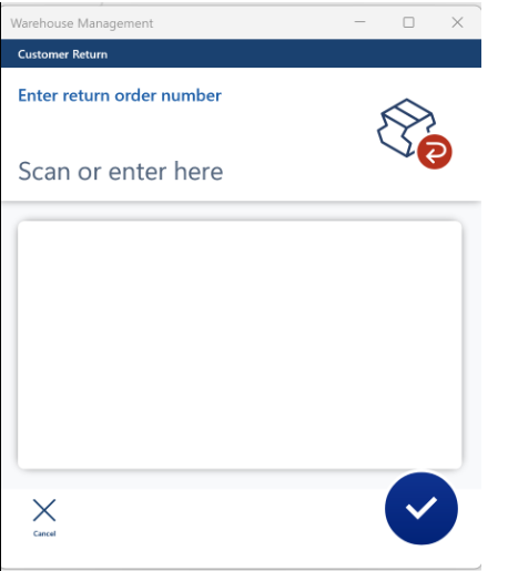Screenshot to enter or scan customer return order number