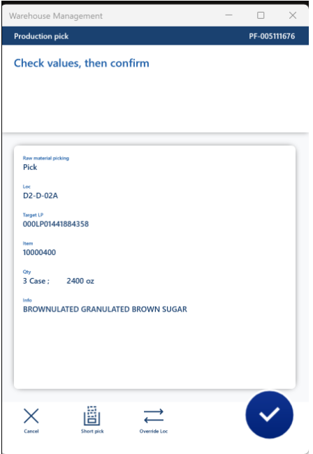 Screenshot showing production pick specs