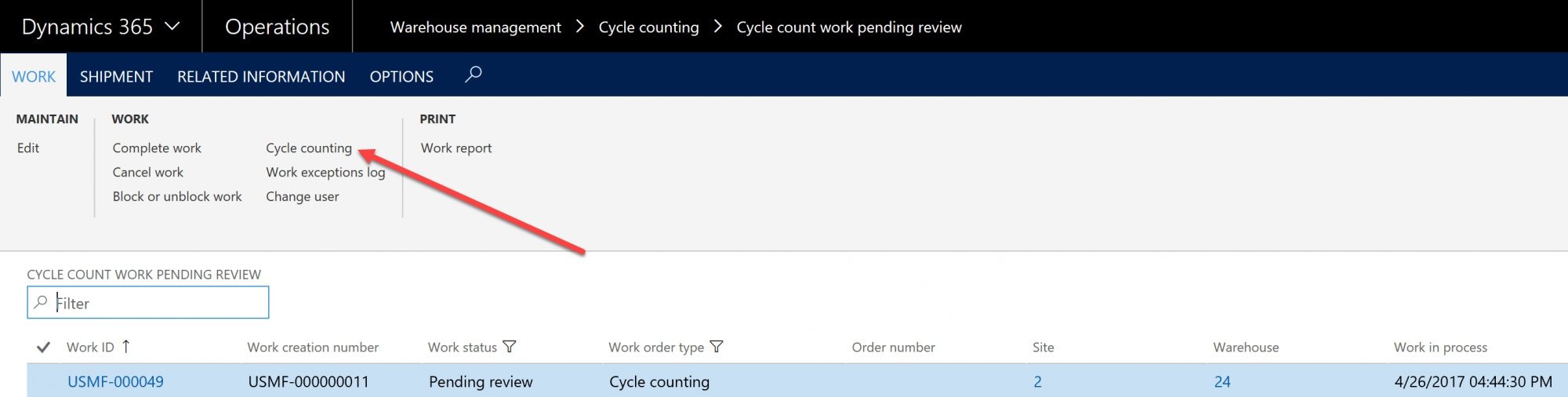 D365 Cycle Counting Work ID Screenshot