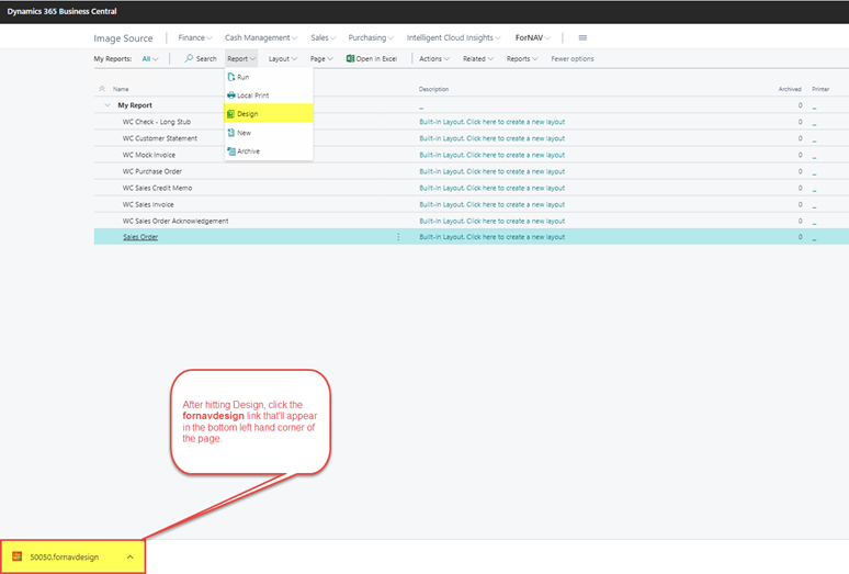 Screenshot of Business Central Web client opening Sales Order Report