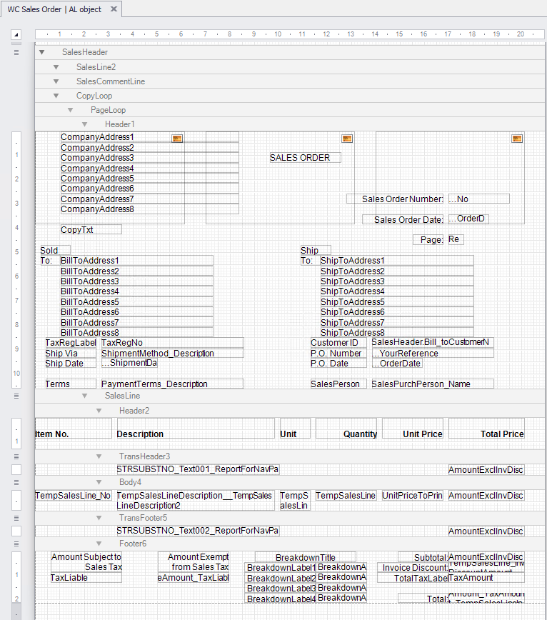 Screenshot of Sales Order in For NAV Designer