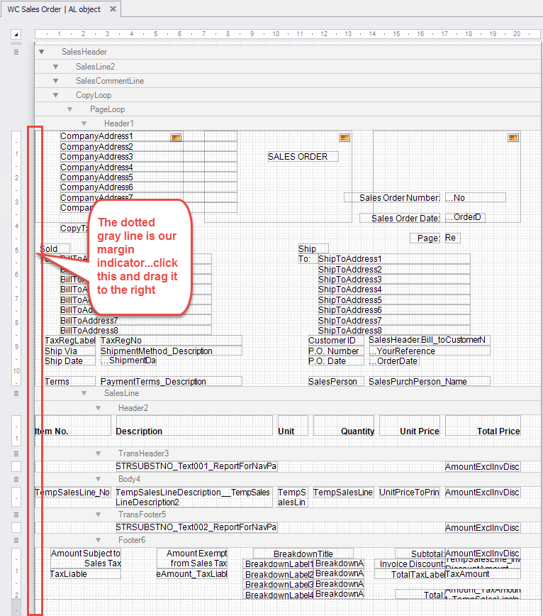 Screenshot of Sales Order in For NAV designer highlighting extra margin space