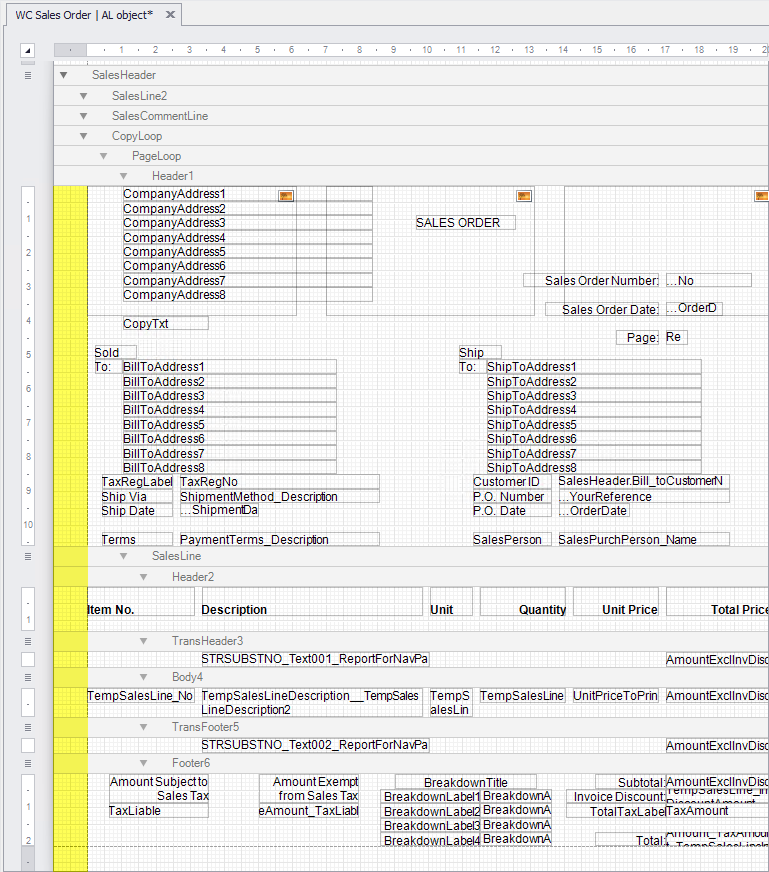 Screenshot of Sales Order in For NAV designer highlighting extra margin space