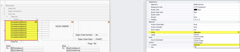 Screenshot of Sales Order in For NAV designer adjusting overlap