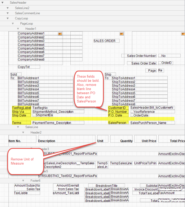 Screenshot of Sales Order in ForNAV designer Headers