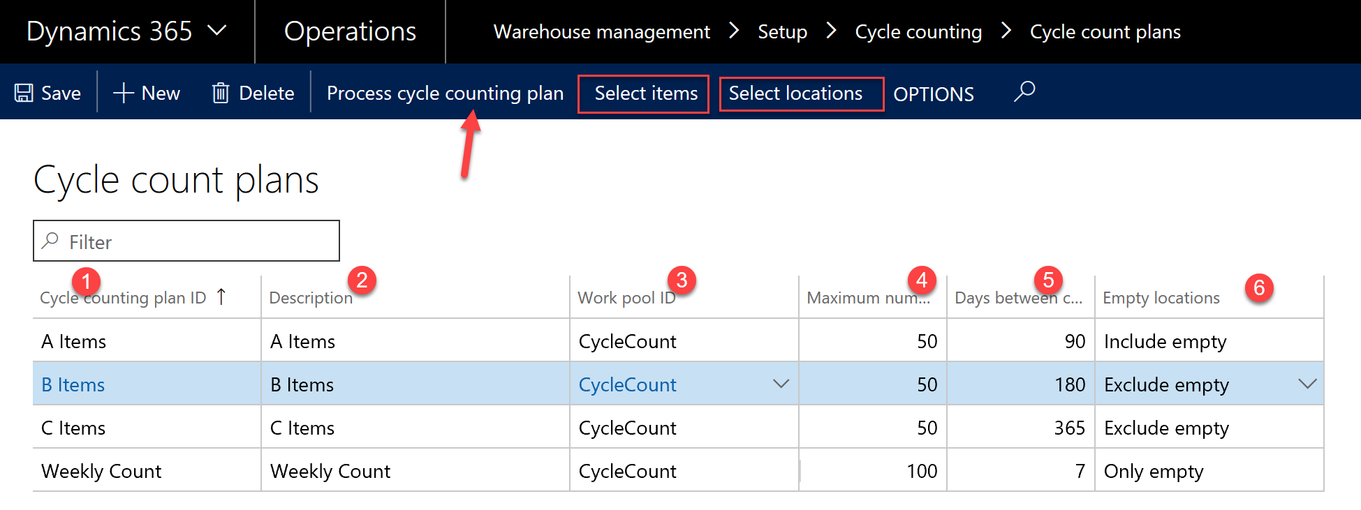 D365 Cycle count plans screenshot