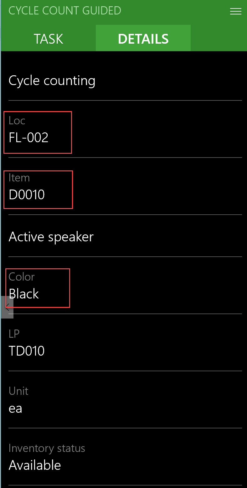 D365 Cycle Counting Guided Details Screenshot